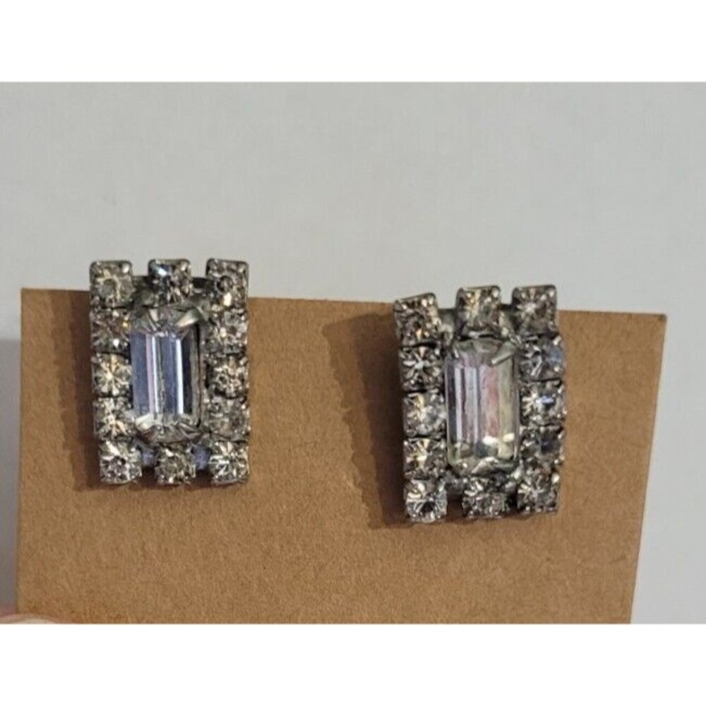 Vintage Crystal Rhinestone Bar Earrings 1970s Silver Tone Clip Ons